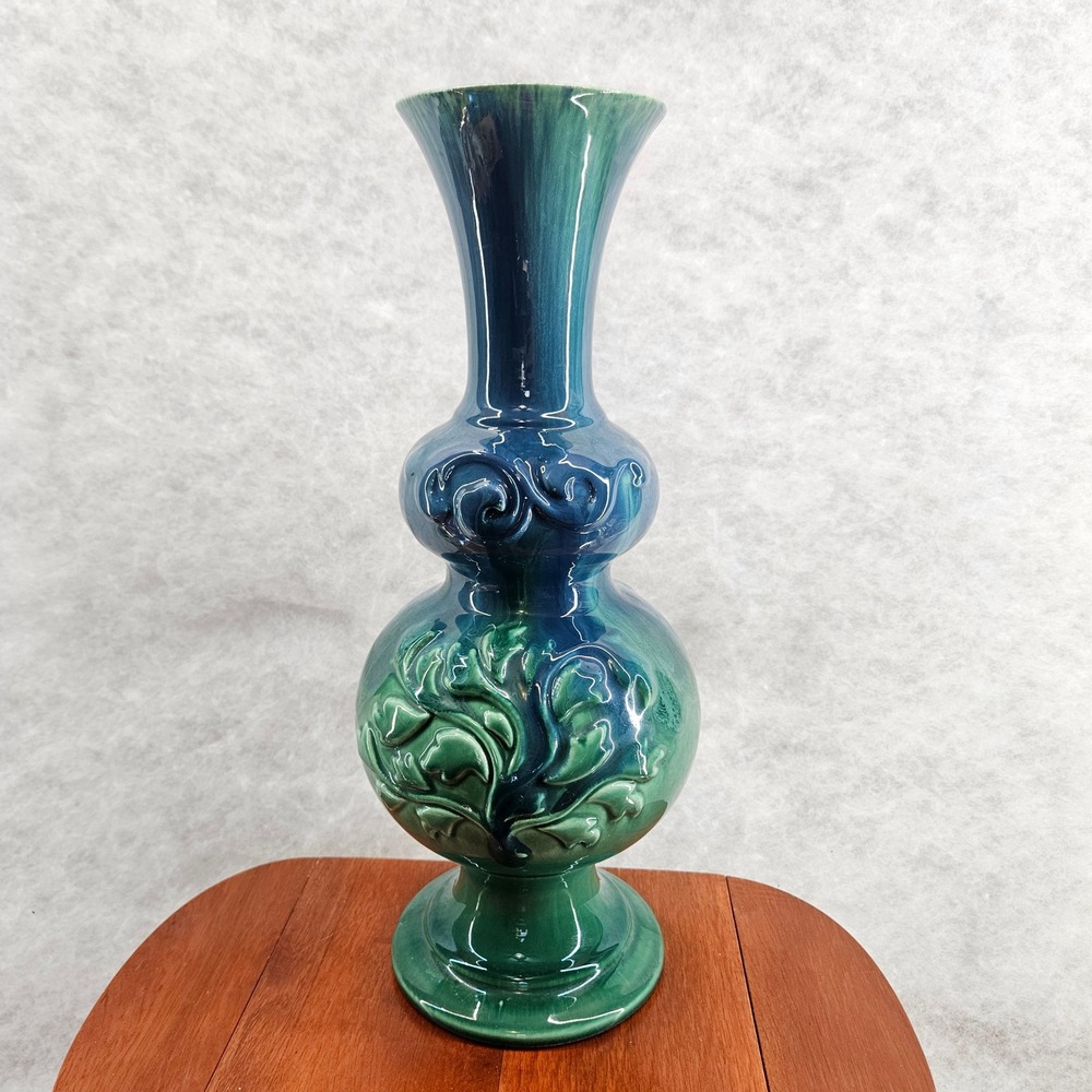 Haeger USA Green‎ Teal Blue Ceramic Vase Raised Floral Tree Design 15" Tall Vtg
